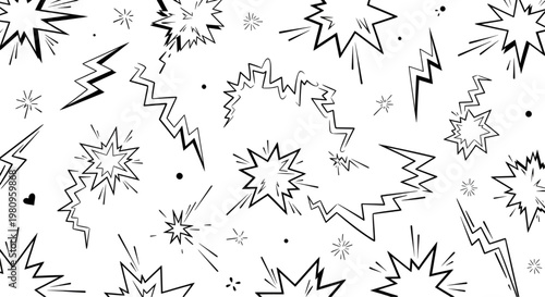 Black and white comic book style pattern with lightning bolts and explosion speech bubbles