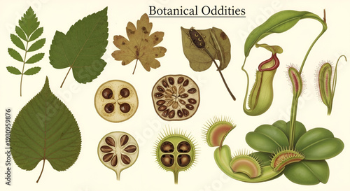 Botanical oddities collection with various leaf shapes cross sections of fruit and carnivorous plants