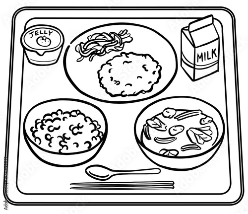 紙パック牛乳と白米の給食メニュー　線画