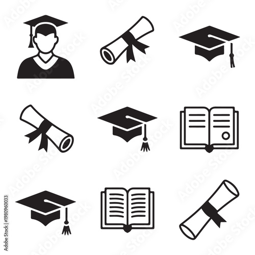 Graduation icons set with graduate silhouette and academic symbols vector 