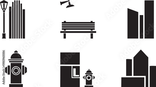 Urban Infrastructure and City Architecture Silhouette Icon Set with Public Furniture
