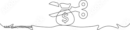 A minimalist line drawing of scissors cutting a money bag with a dollar sign on it