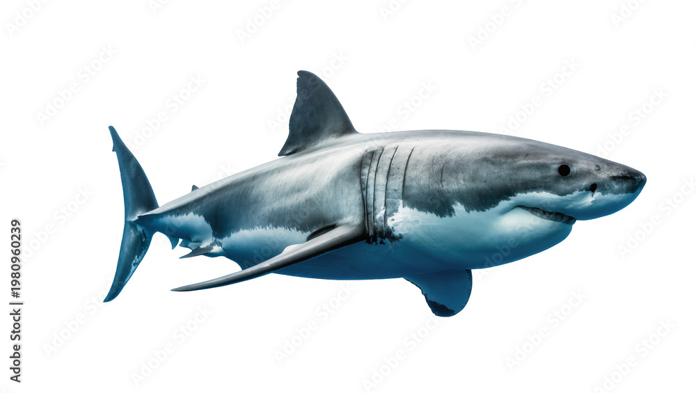 Obraz premium Isolated Great White Shark, a powerful and majestic marine predator swimming gracefully
