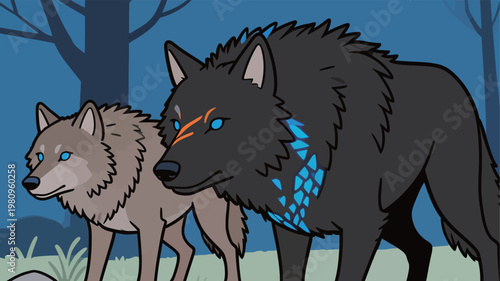 Two Stylized Wolves in Forest Setting