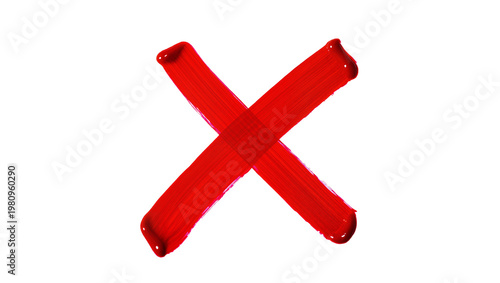 Isolated hand-painted red X mark with brushstrokes, a symbol for wrong, delete, or error