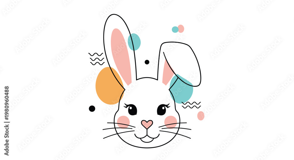 Fototapeta premium Charming cartoon rabbit face with long ears and pink cheeks surrounded by abstract colorful circles and wavy lines.