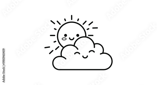 Adorable kawaii style characters featuring a smiling sun and a fluffy cloud sharing a happy moment in a sky drawing.