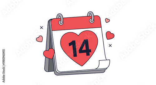 Decorative desk calendar page showing February fourteenth with a large red heart signifying Valentine Day celebration.