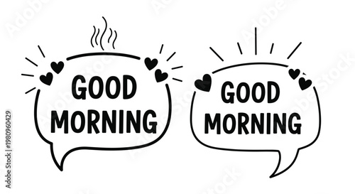 Creative good morning greeting displayed in two speech bubbles decorated with floating hearts and radiating sun rays.