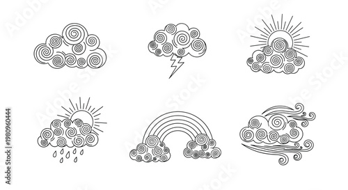 Collection of stylized weather icons including sun clouds rain lightning and a rainbow in a unique hand drawn spiral style.