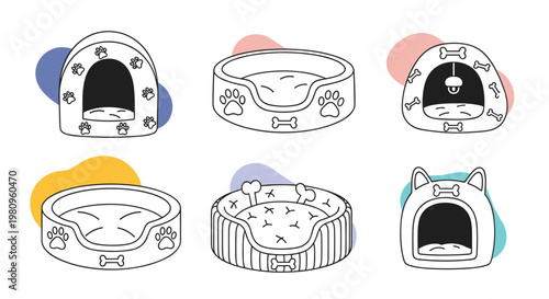 Set of several pet beds and houses presented in a clean line art style with colorful background shapes for dog and cat.