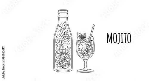 Hand drawn line art of a mojito bottle and a cocktail glass filled with ice cubes lime slices and fresh mint leaves.