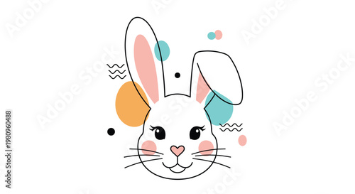 Charming cartoon rabbit face with long ears and pink cheeks surrounded by abstract colorful circles and wavy lines.
