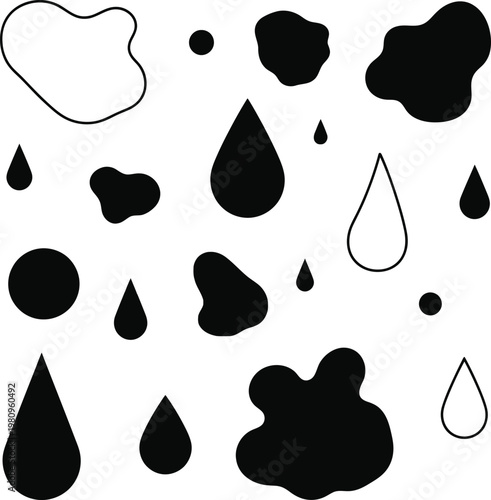 Black and white abstract ink splatters, drops, and organic shapes set