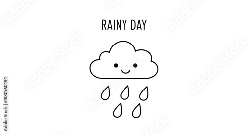 Cute kawaii style cloud character with a happy face and falling raindrops below the phrase rainy day on white background.