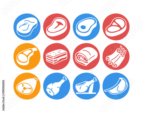 Various Raw Meat Cuts Glyph Icon Set