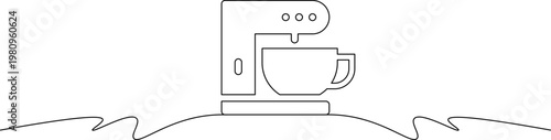 A minimalist line drawing of a coffee maker with a cup on a wavy surface