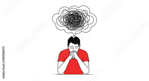 Conceptual illustration of a man with a messy tangled thought bubble above his head representing stress and anxiety issues.
