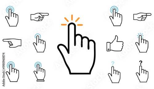 Hand cursor icon. Hand click icon set. Pointer sign and symbol. Vector illustration.