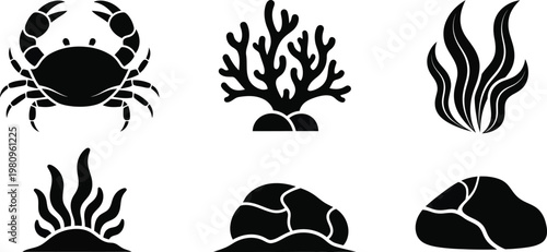 Ocean life silhouette icon set crab coral rocks marine biology vector illustration