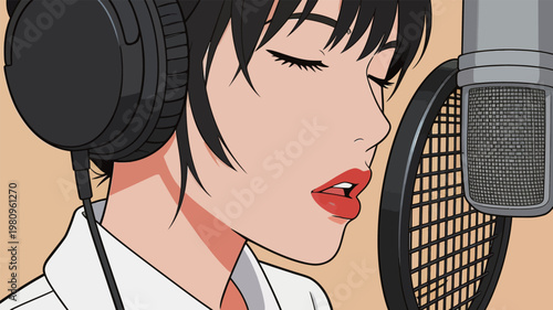 Woman Singing or Recording with Headphones and Microphone