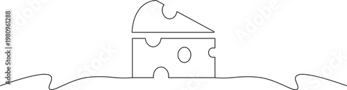 A minimalist line drawing of a jigsaw puzzle piece fitting into a house shape on a wavy surface