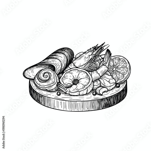 Fresh Seafood and Lemon Slices on a Rustic Wooden Platter for Gourmet Cuisine