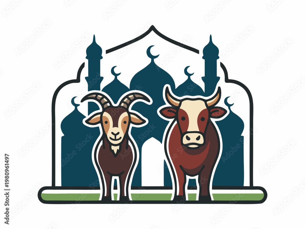 Naklejka premium Eid al-Adha celebration concept design with cow and goat vector illustration with mosque on white background