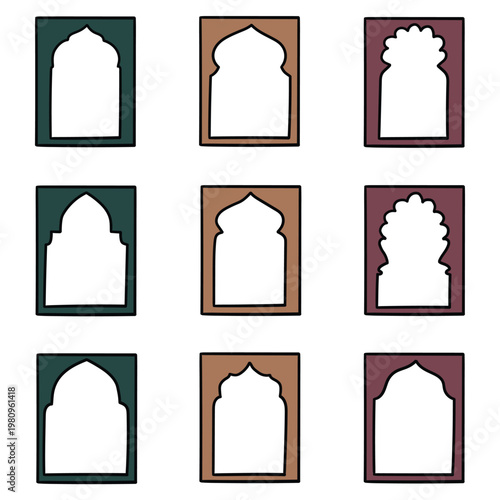 Hand-drawn cartoon set of silhouette eid mubarak decorative arches, mosque borders or moroccan gates on a white background.