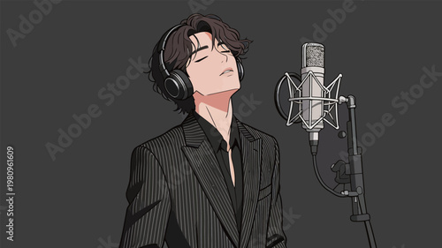 Anime Man Singing in Recording Studio with Headphones
