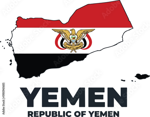 Map outline of Yemen with its flag and the text \"YEMEN REPUBLIC OF YEMEN\" below