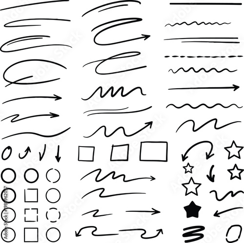 Hand drawn brush strokes, arrows, circles, and stars icons