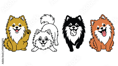 Set of cute pomeranian dog cartoons in different poses and colors for sticker design project.