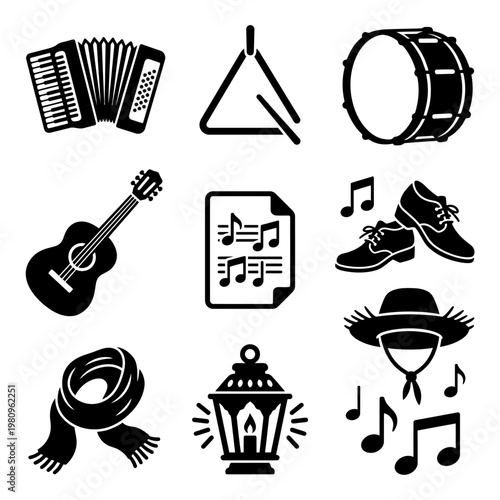 Sao Joao stage performance icon set black silhouette