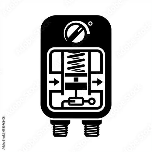 Black Silhouette Cutaway Thermostatic Mixing Valve Diagram Vector Icon 