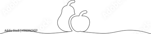 A minimalist line drawing of a pear and an apple sitting side by side on a wavy surface