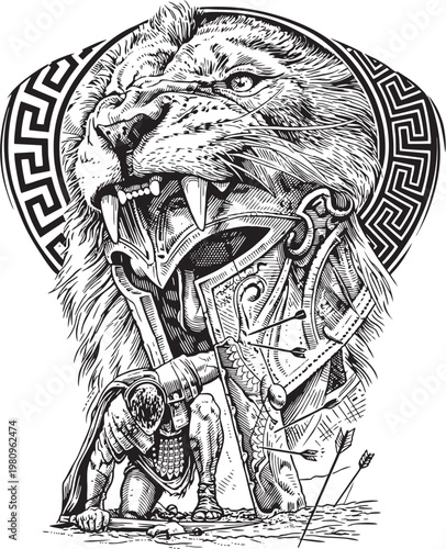 Spartan Warrior Crouching Under Lion Spirit Mask Vector Illustration action Artwork vector editable logo for Wall Sticker decore t-shirt mug poster design and multipurpose use in high definition forma