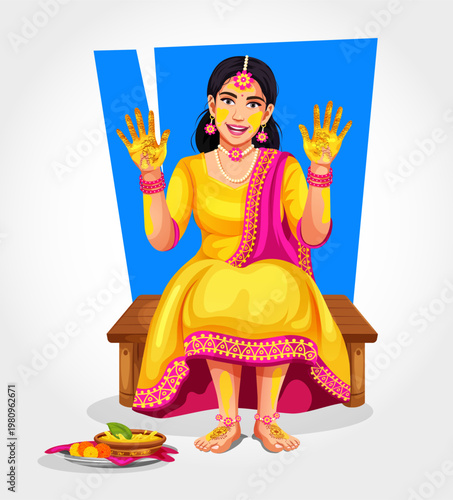 Vector illustration of an Indian bride with beautiful mehndi designs on her hands smeared with turmeric during her ritual pre-marriage Haldi ceremony, isolated on a white background