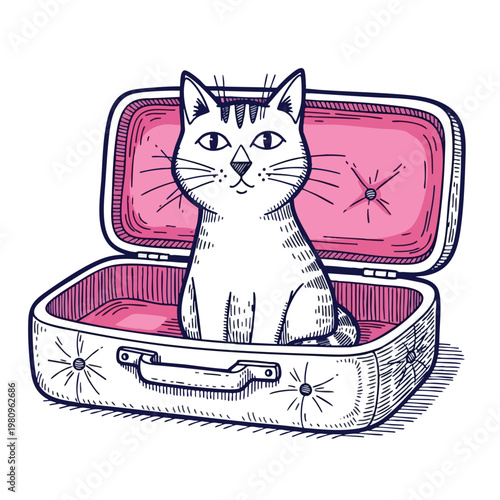 Cute Cartoon Cat Sitting Inside an Open Suitcase for Travel and Adventure Themes