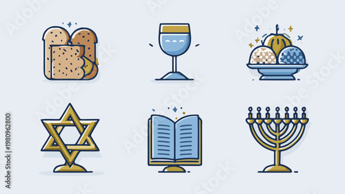 set of 6 jewish passover pesach celebration icons vector