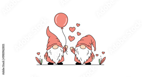 Two cute garden gnomes dressed in pink standing together with a red heart balloon and floating hearts for a festive valentine celebration.