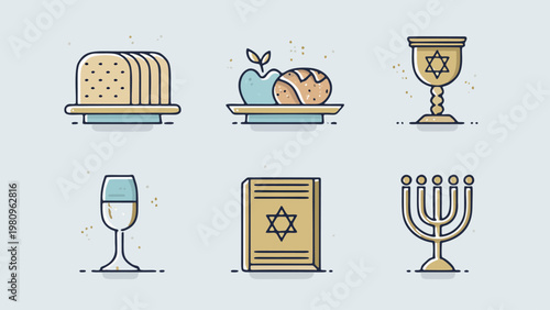 set of 6 jewish passover pesach celebration icons vector