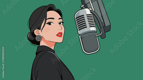 Woman Singing into Vintage Microphone Illustration
