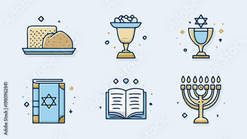 set of 6 jewish passover pesach celebration icons vector