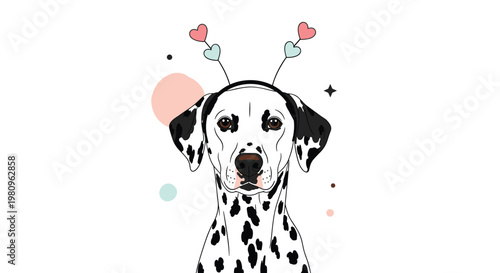 Elegant black and white spotted dalmatian dog wearing a headband with floating hearts and colorful circles for a playful and romantic graphic.
