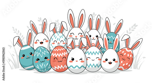 Large group of colorful Easter eggs decorated with bunny ears and adorable facial expressions in a festive spring holiday celebration graphic.