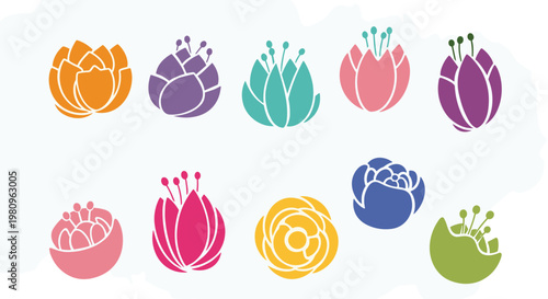 Set of colorful stylized flower buds and blossoms in various shapes and shades for spring and summer floral pattern design.