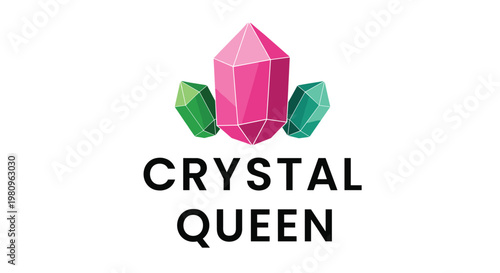 Logo design featuring three faceted pink and green crystals with the bold text crystal queen for jewelry or mineral shop branding.