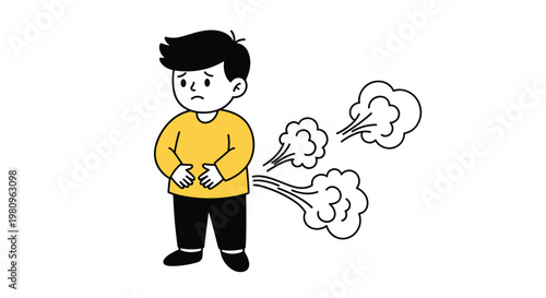 Young boy in a yellow shirt holding his stomach while experiencing flatulence with gas clouds coming out from behind.