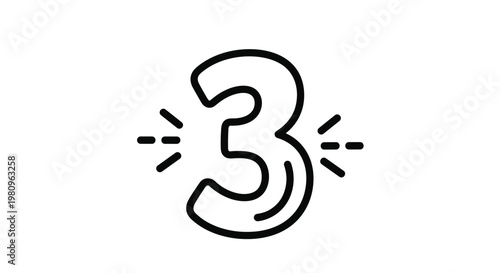 Simple bold outline of the number three with decorative lines on the sides against a white background for count designs.
